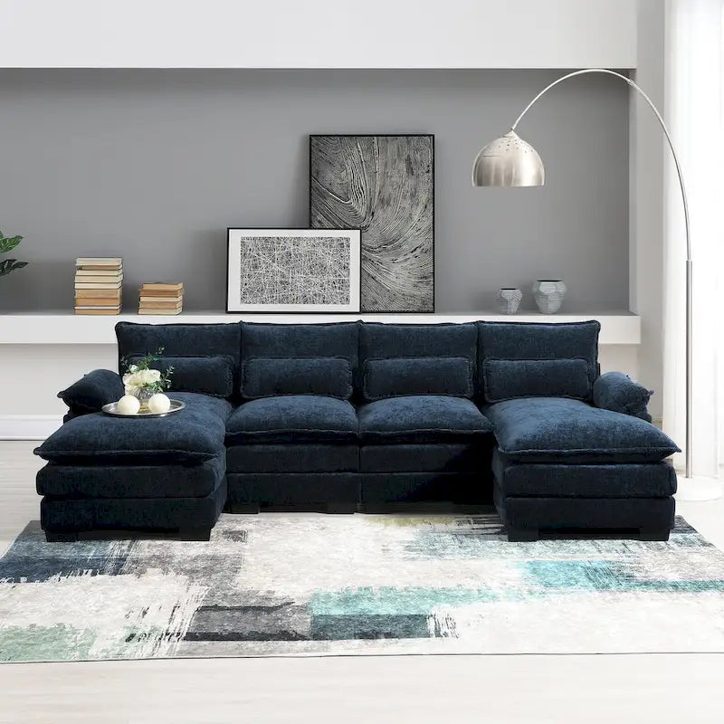 Blue Chenille 6-Seat Modular U-Shaped Sleeper Sectional Sofa with Chaise