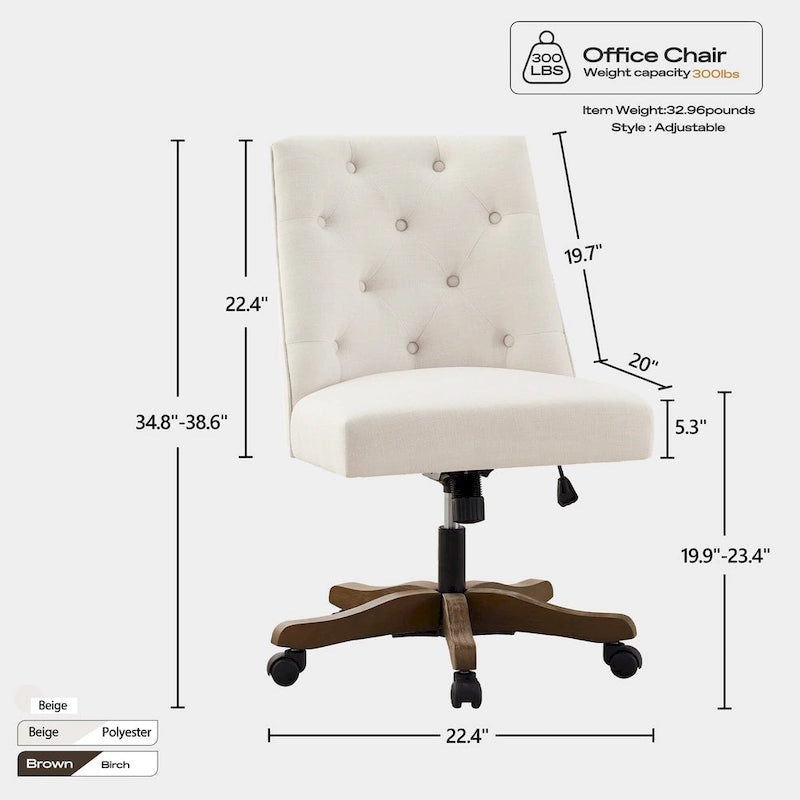 Upholstered Swivel Desk Chair, Armless Home Office Chair, Adjustable Height Computer Chair with Wheels for Study