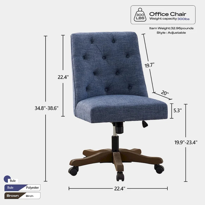 Upholstered Swivel Desk Chair, Armless Home Office Chair, Adjustable Height Computer Chair with Wheels for Study