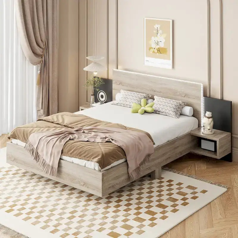 Queen Floating Bed Frame Modern Wooden Platform Bed with 2 Bedside Nightstand and LED Lights, No Box Spring Needed