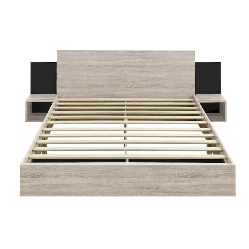 Queen Floating Bed Frame Modern Wooden Platform Bed with 2 Bedside Nightstand and LED Lights, No Box Spring Needed