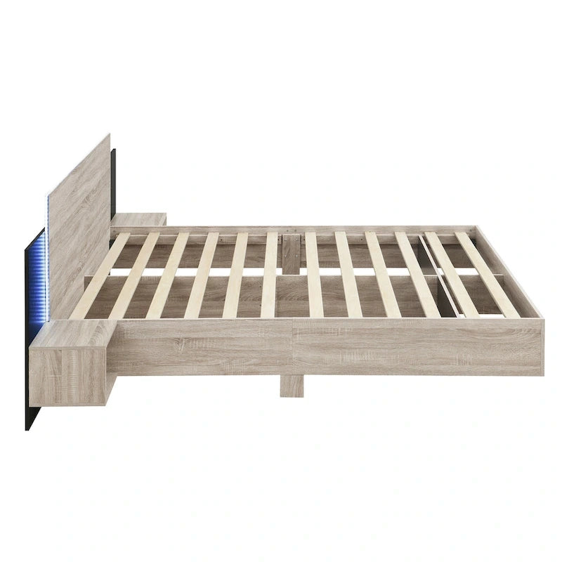 Queen Floating Bed Frame Modern Wooden Platform Bed with 2 Bedside Nightstand and LED Lights, No Box Spring Needed