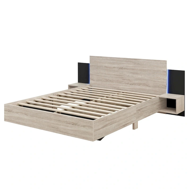 Queen Floating Bed Frame Modern Wooden Platform Bed with 2 Bedside Nightstand and LED Lights, No Box Spring Needed