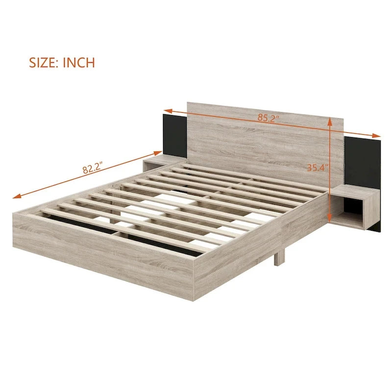 Queen Floating Bed Frame Modern Wooden Platform Bed with 2 Bedside Nightstand and LED Lights, No Box Spring Needed