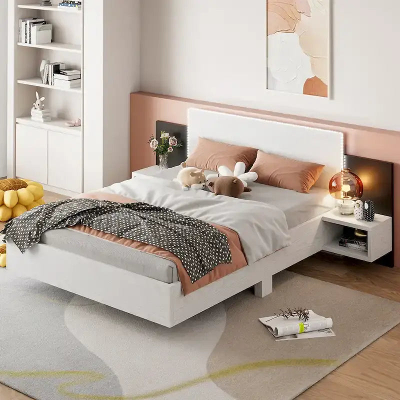 Queen Floating Bed Frame Modern Wooden Platform Bed with 2 Bedside Nightstand and LED Lights, No Box Spring Needed