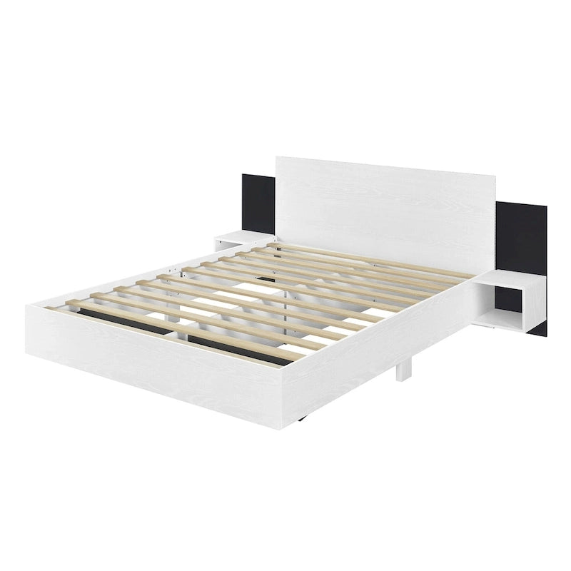 Queen Floating Bed Frame Modern Wooden Platform Bed with 2 Bedside Nightstand and LED Lights, No Box Spring Needed