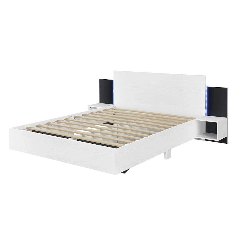 Queen Floating Bed Frame Modern Wooden Platform Bed with 2 Bedside Nightstand and LED Lights, No Box Spring Needed