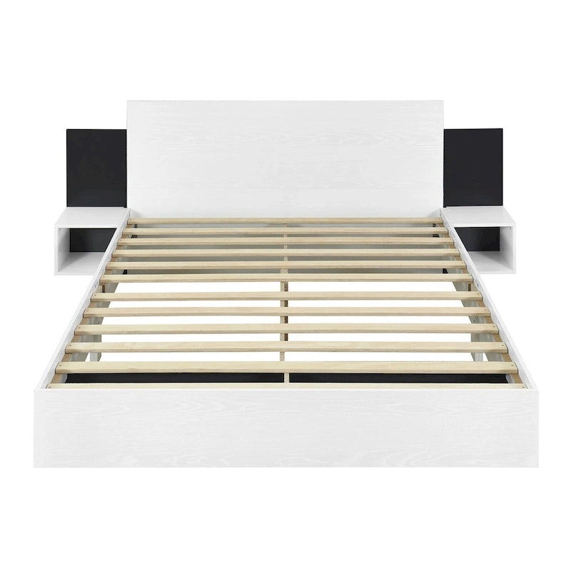 Queen Floating Bed Frame Modern Wooden Platform Bed with 2 Bedside Nightstand and LED Lights, No Box Spring Needed