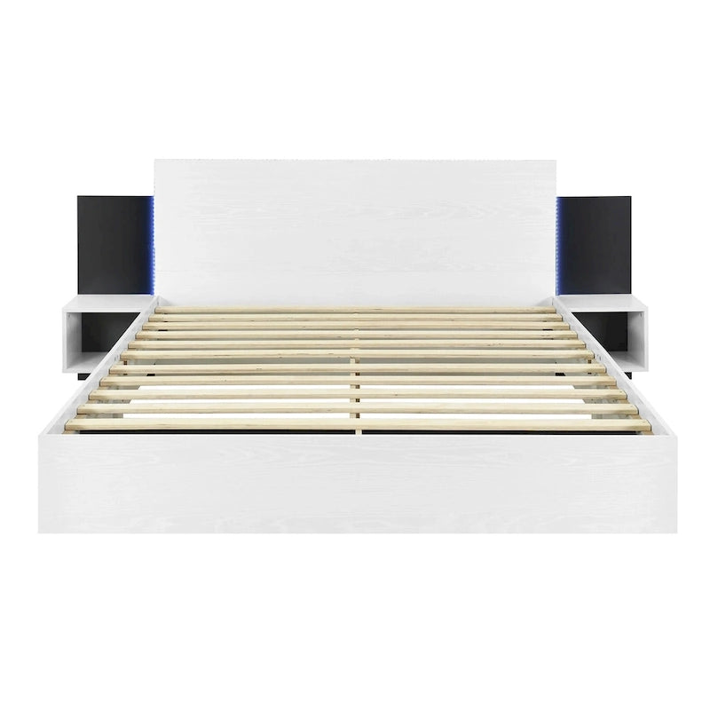 Queen Floating Bed Frame Modern Wooden Platform Bed with 2 Bedside Nightstand and LED Lights, No Box Spring Needed