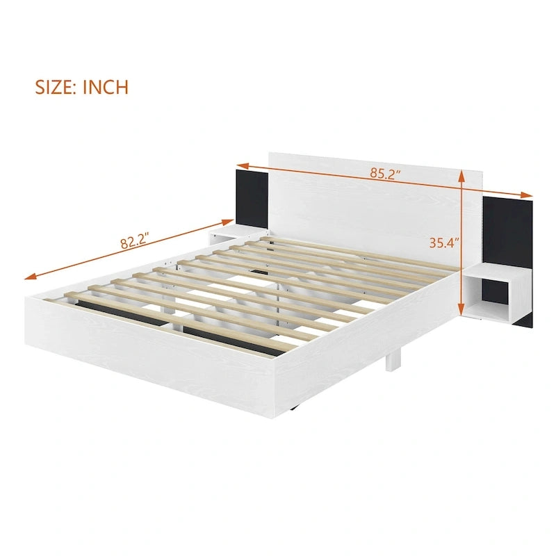 Queen Floating Bed Frame Modern Wooden Platform Bed with 2 Bedside Nightstand and LED Lights, No Box Spring Needed