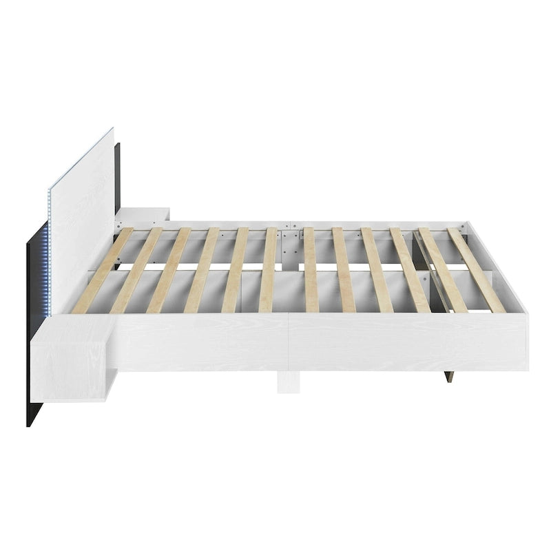 Queen Floating Bed Frame Modern Wooden Platform Bed with 2 Bedside Nightstand and LED Lights, No Box Spring Needed