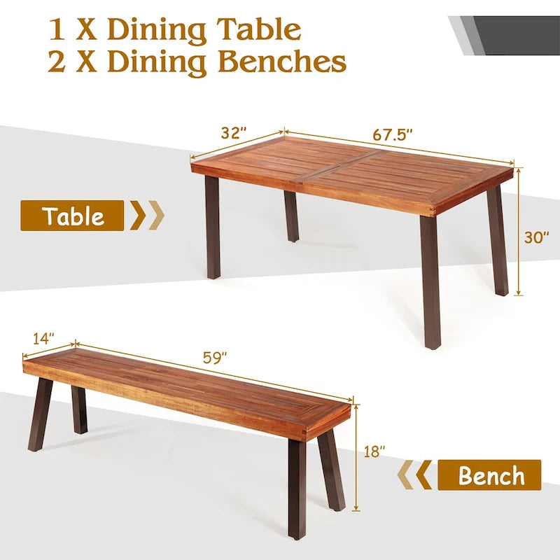 Costway 3 Pieces Picnic Table Set Acacia Wood Table Bench with Steel