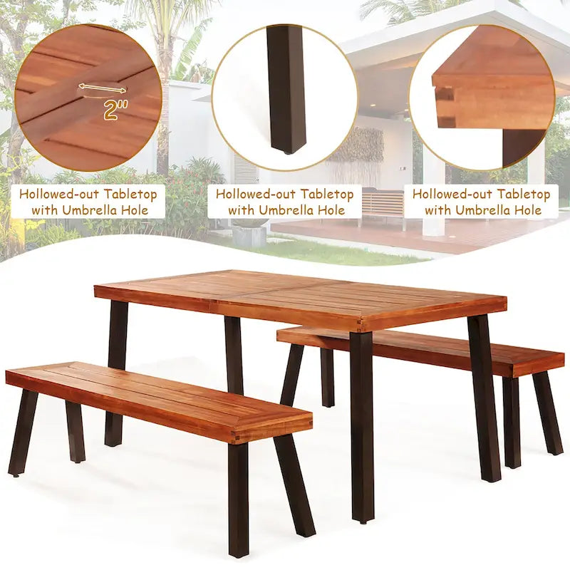 Costway 3 Pieces Picnic Table Set Acacia Wood Table Bench with Steel