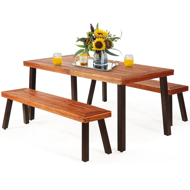 Costway 3 Pieces Picnic Table Set Acacia Wood Table Bench with Steel