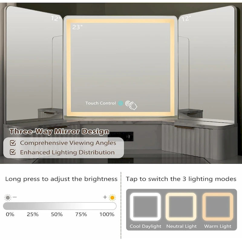 Modern Fluted Makeup Vanity Desk with 3 Way Mirror&Light, Vanity Table