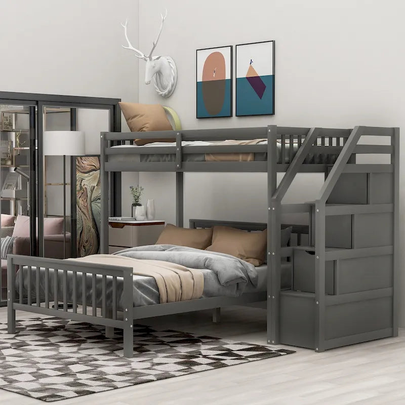 Twin Over Full Wood Loft Bed with Staircase,High Guardrails and Ladder
