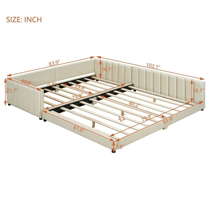 Double Upholstered Platform Bed Queen Size & Twin XL Size, PU Leather Mother & Child Bed Floor Bed Daybed for Bedroom