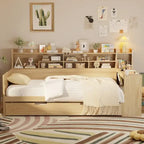 Twin/Full Size Multifunctional Daybed with Storage Shelves and Desk, Wooden Platform Bed Frame with Twin Size Trundle