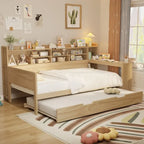 Twin/Full Size Multifunctional Daybed with Storage Shelves and Desk, Wooden Platform Bed Frame with Twin Size Trundle