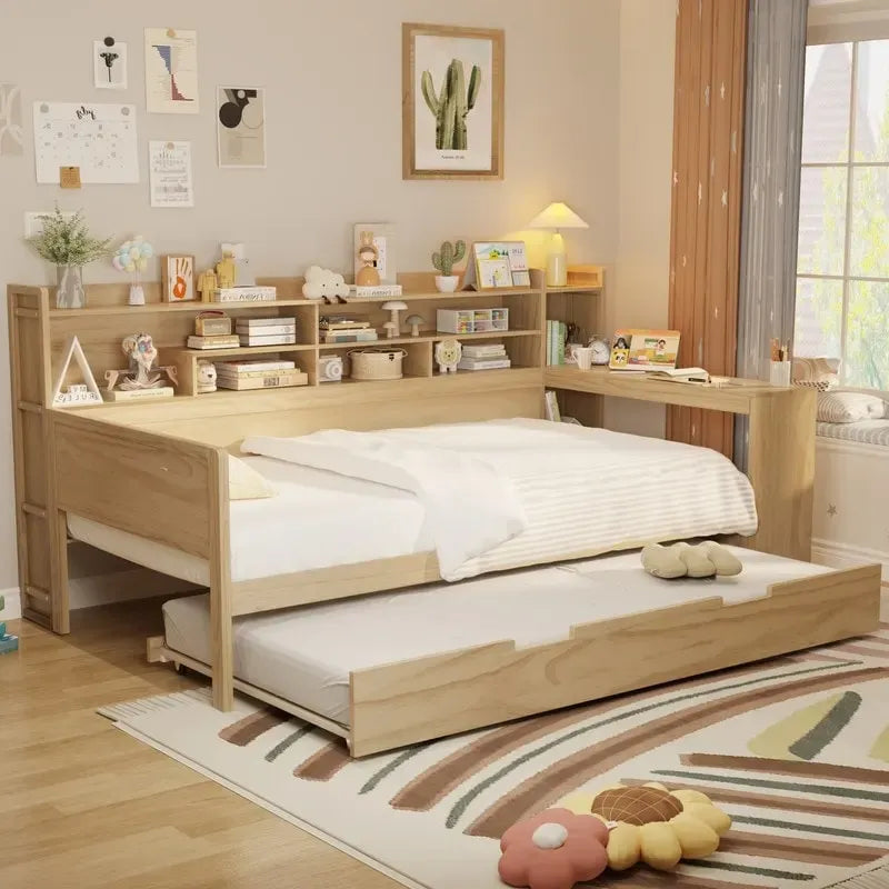 Twin/Full Size Multifunctional Daybed with Storage Shelves and Desk, Wooden Platform Bed Frame with Twin Size Trundle