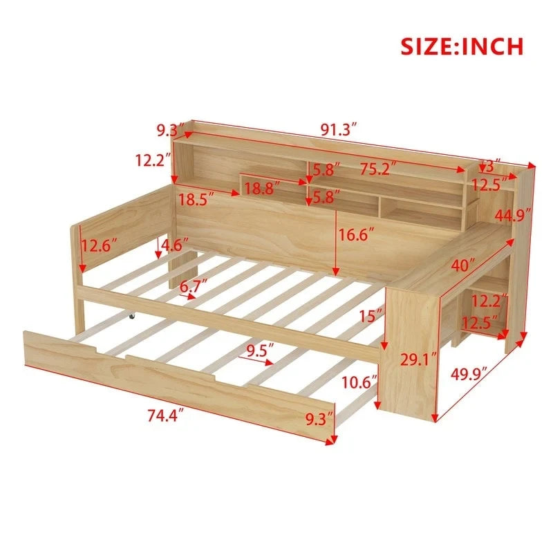 Twin/Full Size Multifunctional Daybed with Storage Shelves and Desk, Wooden Platform Bed Frame with Twin Size Trundle