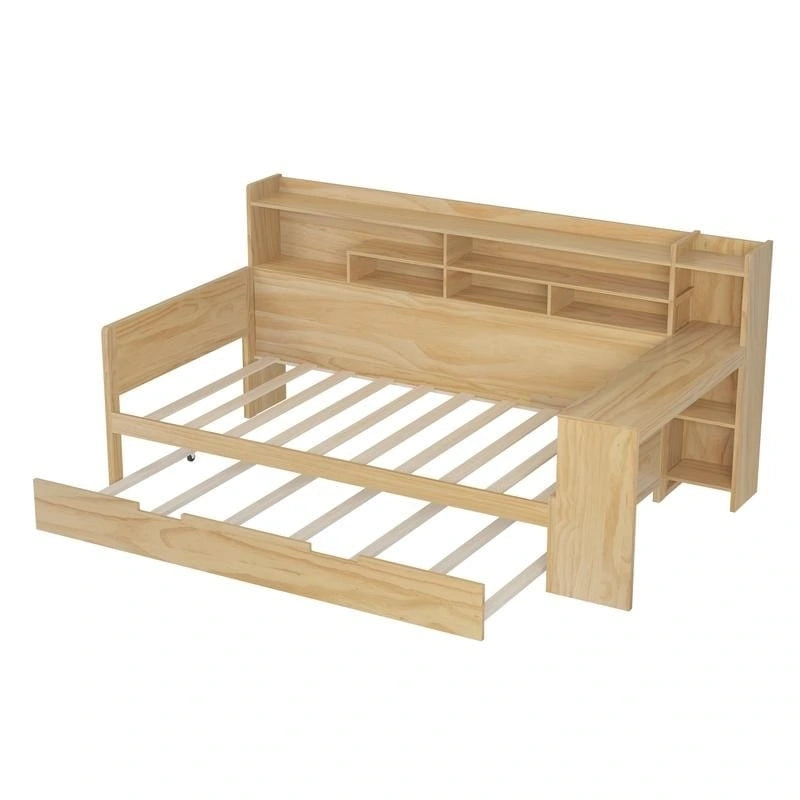Twin/Full Size Multifunctional Daybed with Storage Shelves and Desk, Wooden Platform Bed Frame with Twin Size Trundle