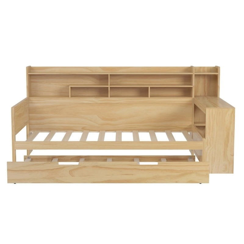 Twin/Full Size Multifunctional Daybed with Storage Shelves and Desk, Wooden Platform Bed Frame with Twin Size Trundle