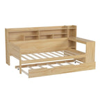 Twin/Full Size Multifunctional Daybed with Storage Shelves and Desk, Wooden Platform Bed Frame with Twin Size Trundle