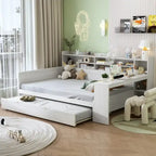 Twin/Full Size Multifunctional Daybed with Storage Shelves and Desk, Wooden Platform Bed Frame with Twin Size Trundle
