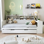 Twin/Full Size Multifunctional Daybed with Storage Shelves and Desk, Wooden Platform Bed Frame with Twin Size Trundle
