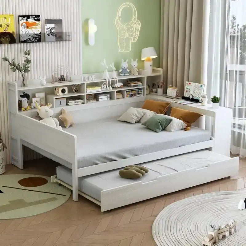 Twin/Full Size Multifunctional Daybed with Storage Shelves and Desk, Wooden Platform Bed Frame with Twin Size Trundle