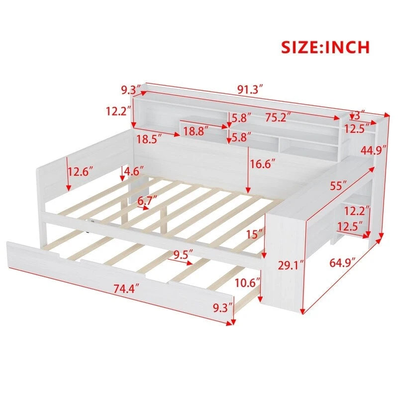 Twin/Full Size Multifunctional Daybed with Storage Shelves and Desk, Wooden Platform Bed Frame with Twin Size Trundle