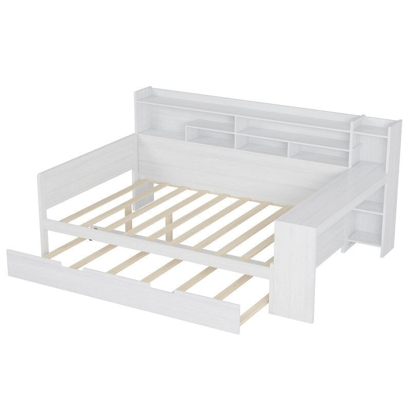 Twin/Full Size Multifunctional Daybed with Storage Shelves and Desk, Wooden Platform Bed Frame with Twin Size Trundle