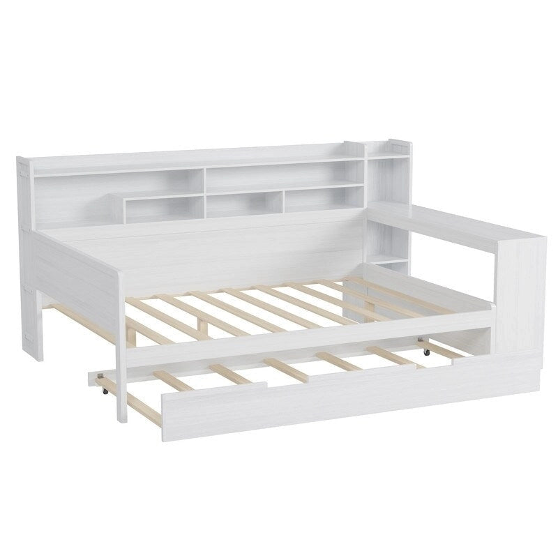 Twin/Full Size Multifunctional Daybed with Storage Shelves and Desk, Wooden Platform Bed Frame with Twin Size Trundle