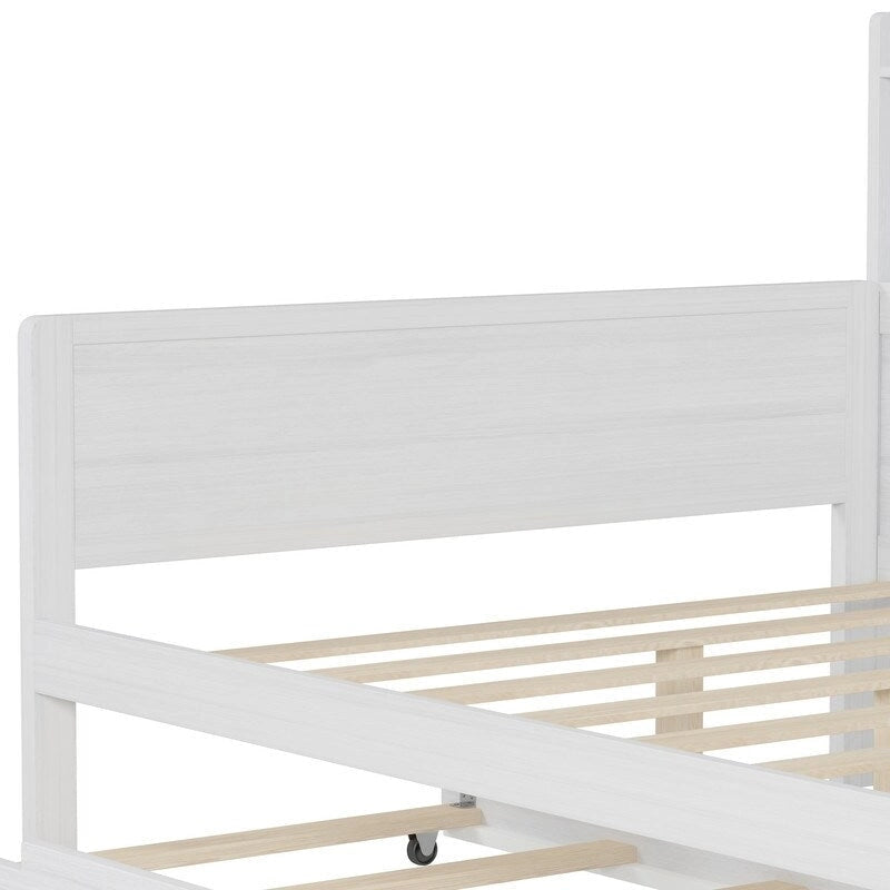 Twin/Full Size Multifunctional Daybed with Storage Shelves and Desk, Wooden Platform Bed Frame with Twin Size Trundle