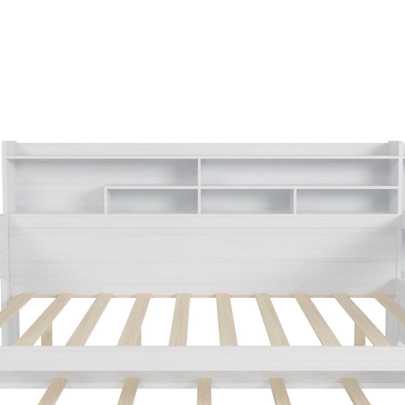 Twin/Full Size Multifunctional Daybed with Storage Shelves and Desk, Wooden Platform Bed Frame with Twin Size Trundle