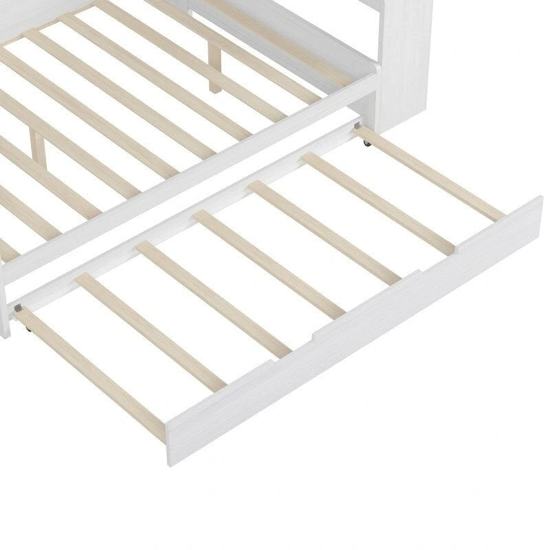 Twin/Full Size Multifunctional Daybed with Storage Shelves and Desk, Wooden Platform Bed Frame with Twin Size Trundle