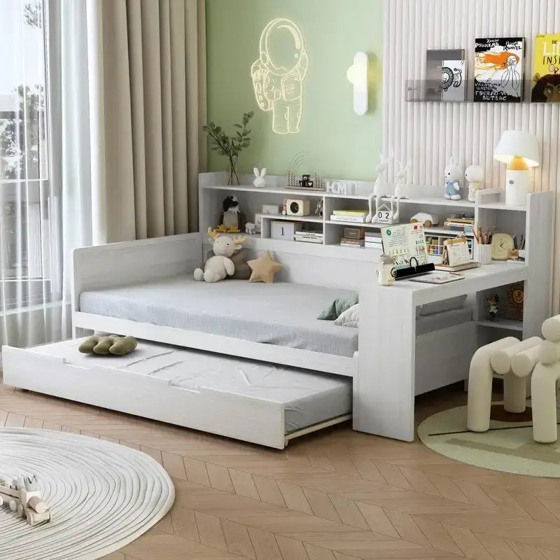 Twin/Full Size Multifunctional Daybed with Storage Shelves and Desk, Wooden Platform Bed Frame with Twin Size Trundle