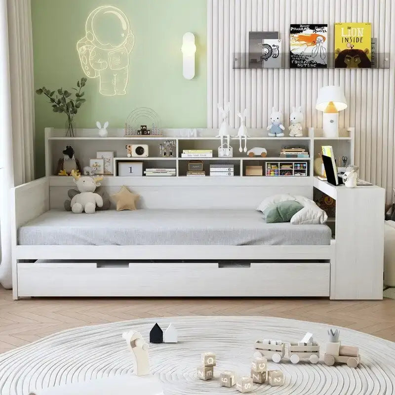 Twin/Full Size Multifunctional Daybed with Storage Shelves and Desk, Wooden Platform Bed Frame with Twin Size Trundle
