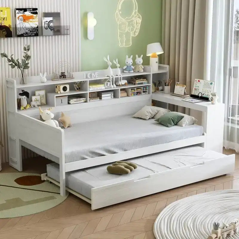 Twin/Full Size Multifunctional Daybed with Storage Shelves and Desk, Wooden Platform Bed Frame with Twin Size Trundle