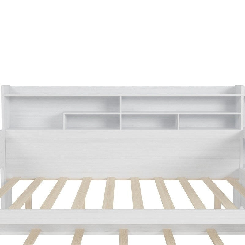 Twin/Full Size Multifunctional Daybed with Storage Shelves and Desk, Wooden Platform Bed Frame with Twin Size Trundle