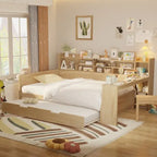 Twin/Full Size Multifunctional Daybed with Storage Shelves and Desk, Wooden Platform Bed Frame with Twin Size Trundle