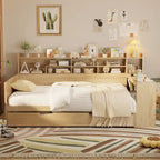 Twin/Full Size Multifunctional Daybed with Storage Shelves and Desk, Wooden Platform Bed Frame with Twin Size Trundle