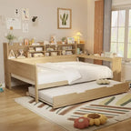 Twin/Full Size Multifunctional Daybed with Storage Shelves and Desk, Wooden Platform Bed Frame with Twin Size Trundle