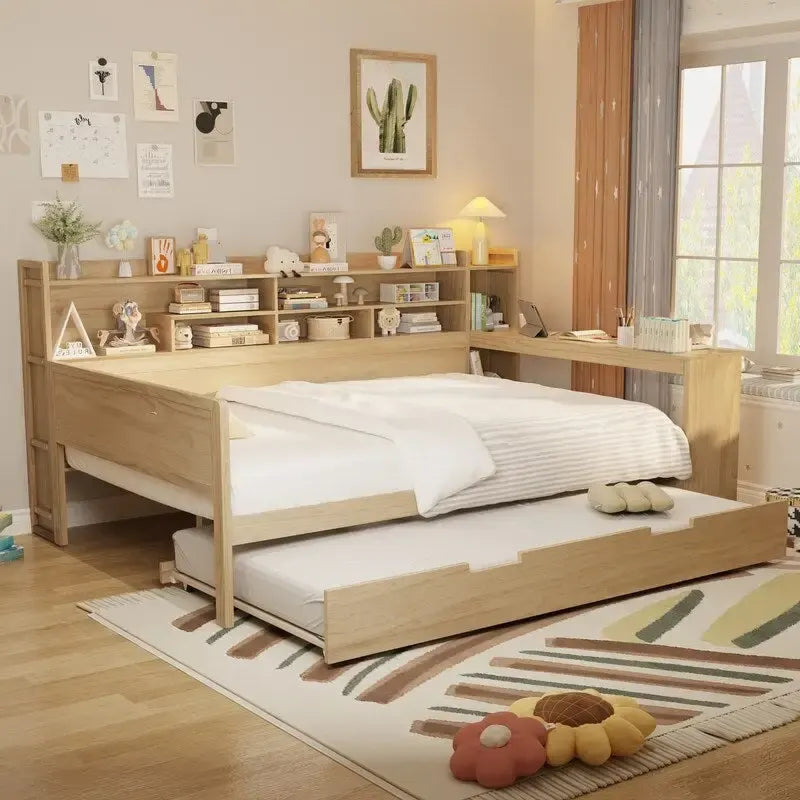 Twin/Full Size Multifunctional Daybed with Storage Shelves and Desk, Wooden Platform Bed Frame with Twin Size Trundle