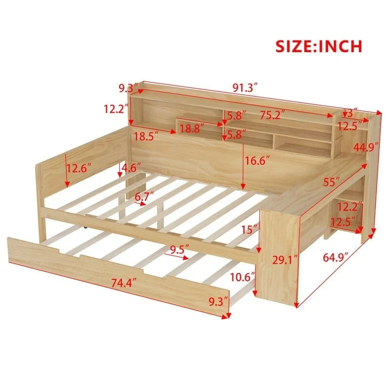 Twin/Full Size Multifunctional Daybed with Storage Shelves and Desk, Wooden Platform Bed Frame with Twin Size Trundle