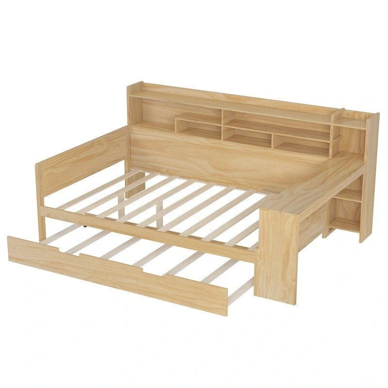 Twin/Full Size Multifunctional Daybed with Storage Shelves and Desk, Wooden Platform Bed Frame with Twin Size Trundle