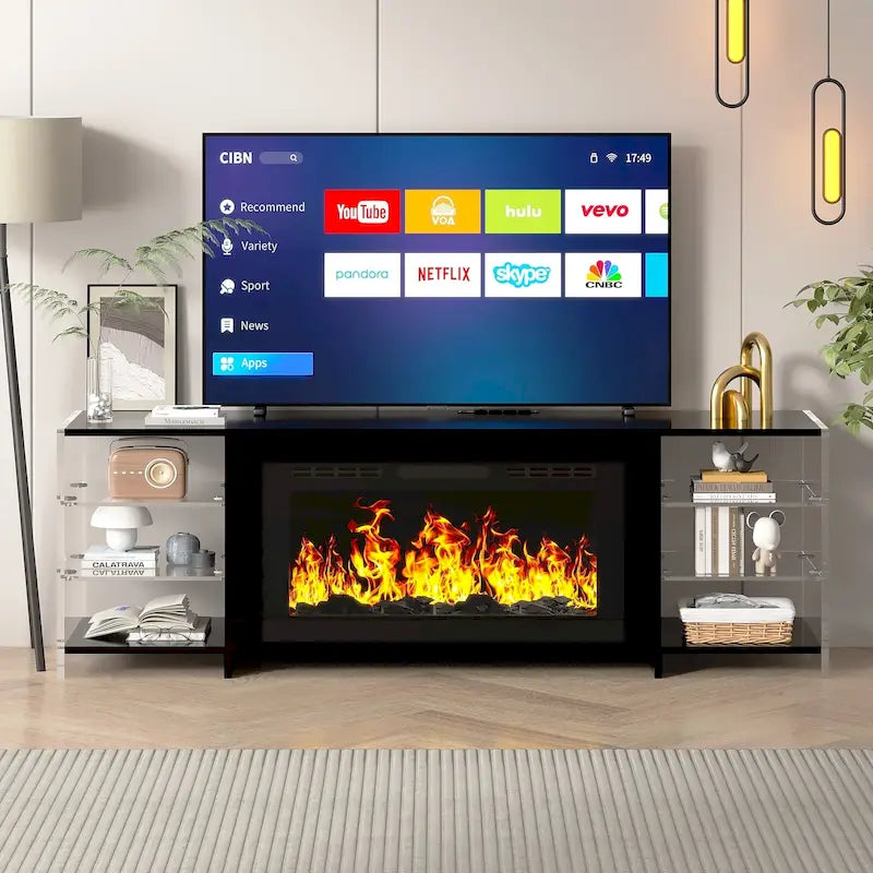 VECELO 70 Rustic TV Stand without/with Fireplace Heater(2 Options),Media Entertainment Center Table with Storage Shelves