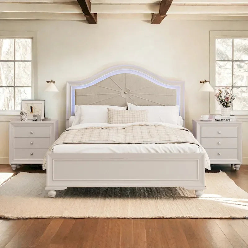Modern Queen Size Wood Bed with Hidden LED Light Upholstered Curved Headboard, No Box Spring Needed, Cream Grey