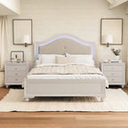 Modern Queen Size Wood Bed with Hidden LED Light Upholstered Curved Headboard, No Box Spring Needed, Cream Grey